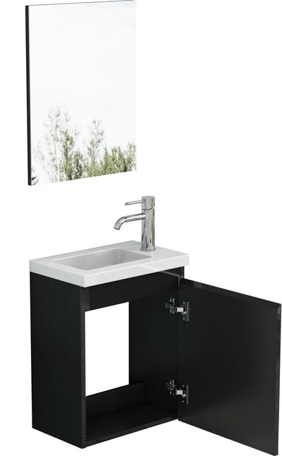 Badkamermeubel 40cm Hoogglans Zwart - Hangend Wastafelmeubel Met Spiegel - Greeploos - Voorgemonteerd - MDF - Gastentoilet - 40x25x48cm - Zwart