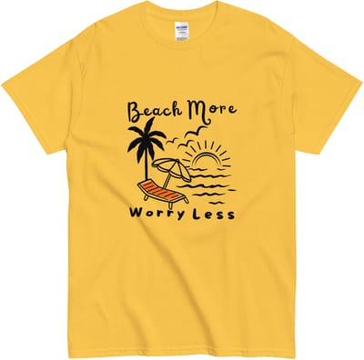Heren Dames Tshirt - Quote Beach More Worry Less - Vrolijke Strand Vakantie Print - Geel - S