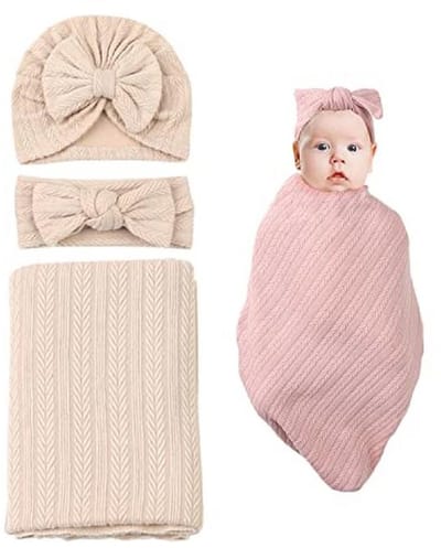 Swaddle Deken voor Pasgeborenen met Hoofdband en Tarwepatroon - Beige
