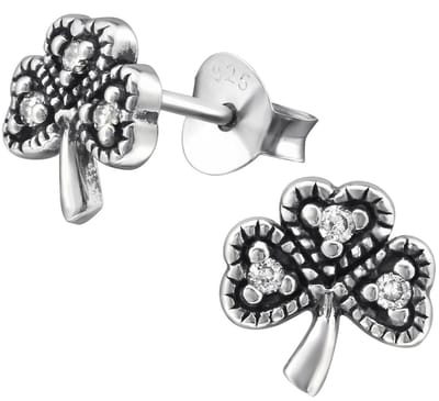 Joy|S - Zilveren klaver oorbellen - 8 mm - zirkonia - geoxideerd