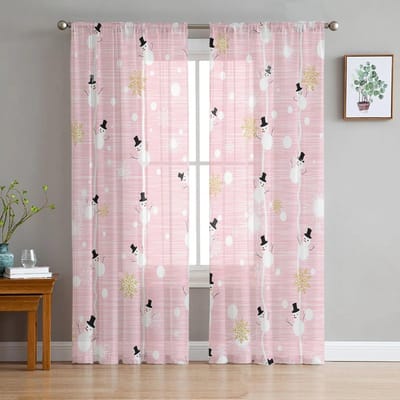 Roze Winter Kerst Sneeuwpop Sneeuwvlok T-Gordijnen Voor Woonkamer Slaapkamer Keuken Decoratie Raam Tule Gordijn 135W x 114H(cm) white