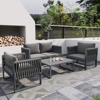 Merax Loungeset Tuin 4 Personen – 4-delige Tuinset met Bank - 2 Tuinstoelen en Tafel – Gevlochten Touw Design – 10 cm Dikke Kussens – Grijs – Weerbestendig en Stalen Frame