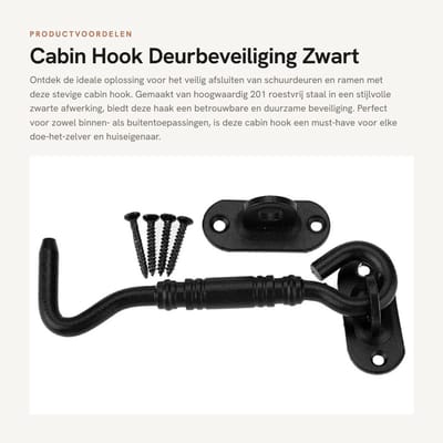Dailygoods- Poortvanger Zwart - Cabinehaak 201 Roestvrij Staal - Oogvergrendeling - Schuurdeur/Poort - Lengte 25 cm - Lichtgewicht 76 g - Deurslot