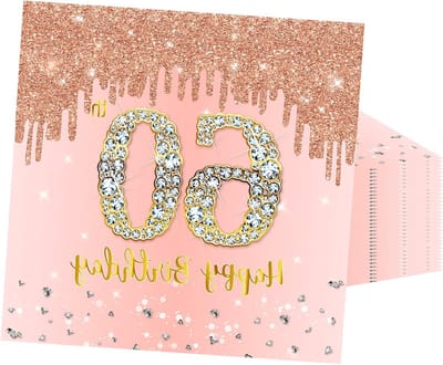 20 Stuks Roze Gouden Servetten voor 60e Verjaardag, Feestelijke Tafelaccessoires, Papieren Eten Servies voor Vrouwen, Verjaardagsdecoraties en Cadeaus