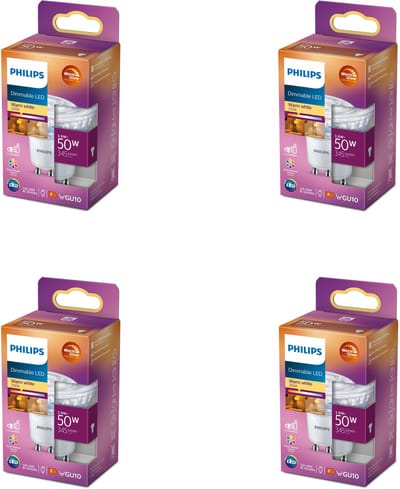 Philips Voordeelverpakking - GU10 - LED Spotlamp - 50W - Dimbaar - Warmwit Licht - Set van 4 Stuks