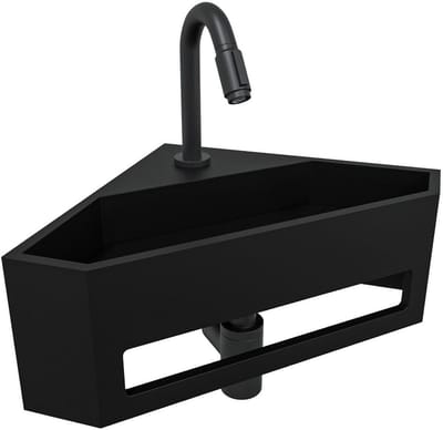 AquaVik Hoekfontein Toilet - Solid Surface Mat Zwart - 35x35x16cm - Handdoekhouder - Fontein - Handenwasser - Wc Fontein - Toiletfontein