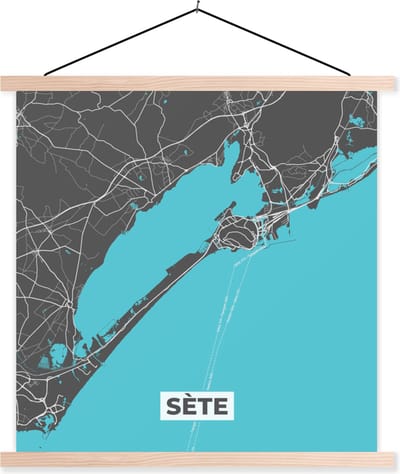 Posterhanger incl. Poster 40x40 cm - Schoolplaat - Plattegrond - Kaart - Sète - Frankrijk - Stadskaart - Textielposter - Blanke latten - Stadskaart