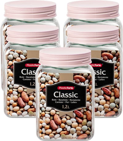Plasticforte keuken voorraadpot - 5x - weckpotten - kunststof - roze - 1200 ml - met deksel - 10 x 15 cm - inmaakpotten