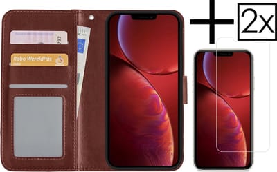 Hoesje - Met 2x Screenprotector - Geschikt voor Apple iPhone 14 Pro - Luxe Pasjeshouder - Bookcase Portemonee - Flip Case - Kunstleer Book Case - Flipcase Hoes - Book Cover - Walletcase - Portemonneehoes - Bruin