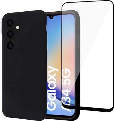 Geschikt voor Samsung A34 Hoesje + Screenprotector – Full Cover Gehard Glas – Suède Back Cover Case Zwart