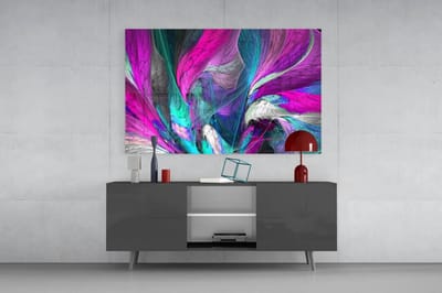 Glasschilderij – Vleugels van Kleur – Abstracte Moderne Kunst – Paars en Blauw Design - 90x60 cm