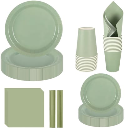 Sage Green Party Servies Set - Papieren borden, servetten, kopjes, rietjes - 250 stuks voor 50 gasten, 23 cm en 18 cm borden
