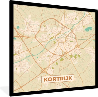 Fotolijst incl. Poster - Kaart - Plattegrond - Kortrijk - Stadskaart - België - 40x40 cm - Posterlijst