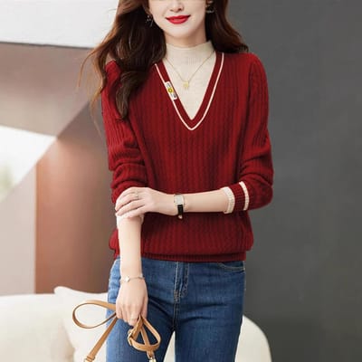 Pull Japonais Glutineux Fausse Deux Pièces pour Femmes en Automne et Hiver Style de Base Lâche Paresseux Pull Tricoté One size
