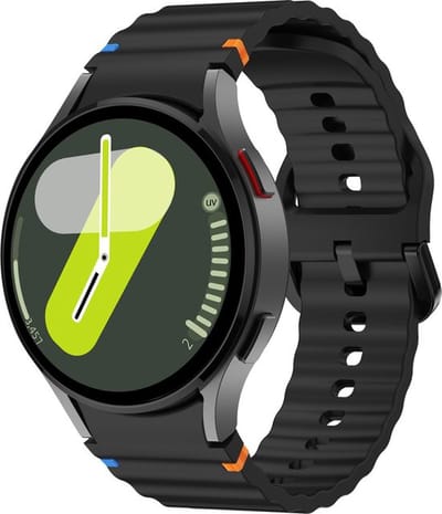 By Qubix - Wave Sportband met aansluitknop - 20mm - Zwart - Geschikt voor Samsung Galaxy Watch 7 (40 & 44mm) - Galaxy Watch FE - Galaxy Watch 6 - Galaxy Watch 6 Pro - Galaxy Watch 5 - 5 Pro - Galaxy Watch 4 - 4 Classic