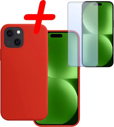 Hoesje Met Screenprotector - Geschikt voor Apple iPhone 15 - Sterk & Shockproof - Back Cover - Siliconen Case - Telefoon Hoes - Rood