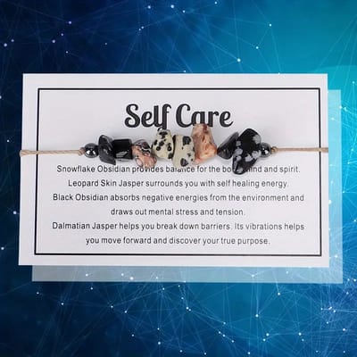 Bixorp "Self Care" Cadeau Armband - Edelsteen Armbandje op kaartje - Sneeuwvlokobsidiaan, Jaspis & Obsidiaan