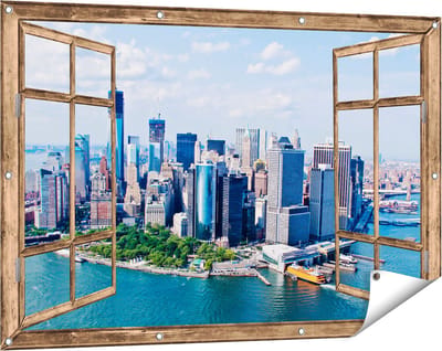 Gards Tuinposter Doorkijk New York Als een Eiland vanuit de Lucht - 120x80 cm - Tuindoek - Tuindecoratie - Wanddecoratie buiten - Tuinschilderij