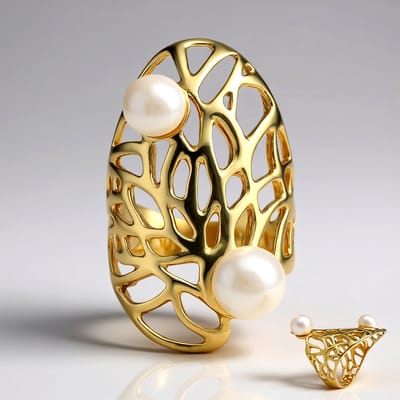 Cavill - Elegante zilveren ring met witte zoetwaterparels - 925 sterling zilver verguld - Filigraan organisch design - Luxe damesring met ovale vorm
