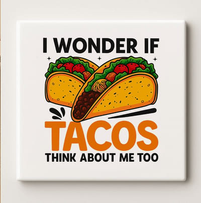 I Wonder If Tacos Think About Me Too Keramische Tegel – Grappige Taco Quote Wanddecoratie – Keuken Humor Cadeau – 15 × 15 cm