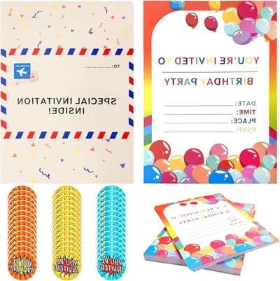42 Regenbooguitnodigingen met 42 Stickers, Kinderfeest en Verjaardagskaarten, Vouwenveloppen voor Jongens en Meisjes, Feestdecoratie en Rave Party (Multicolor)