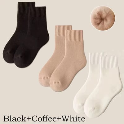 3 Paar Warme Wollen Dames Sokken Winter – Dikke Huissokken, Slofsokken & Sneeuwlaarssokken – Pluche, Zacht, Mid-Tube – Wit & Crèmekleur