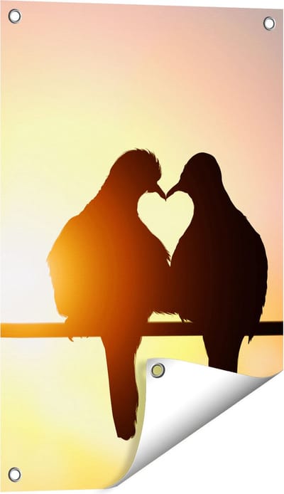 Gards Tuinposter Twee Silhouet Vogels in een Hart Vorm - 40x60 cm - Tuindoek - Tuindecoratie - Wanddecoratie buiten - Tuinschilderij
