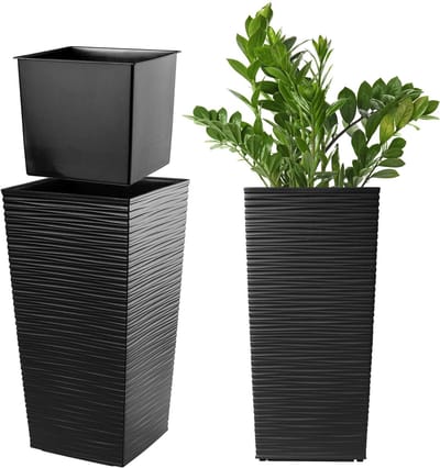 KADAX Bloempot, bloembak van kunststof, plantenbak voor bloemen, binnen en buiten, tuin, balkon, terras, huis, weerbestendig, rotan imitatie (36,5 cm hoogte, zwart)