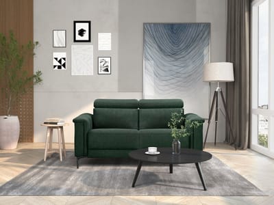 Lund - 2 zitsbank met 1 elektrische relaxfauteuil in donkergroene stof (97 x 160 x 100 cm)