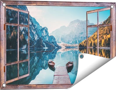 Gards Tuinposter Doorkijk Twee Bootjes op het Meer in de Bergen - 60x40 cm - Tuindoek - Tuindecoratie - Wanddecoratie buiten - Tuinschilderij
