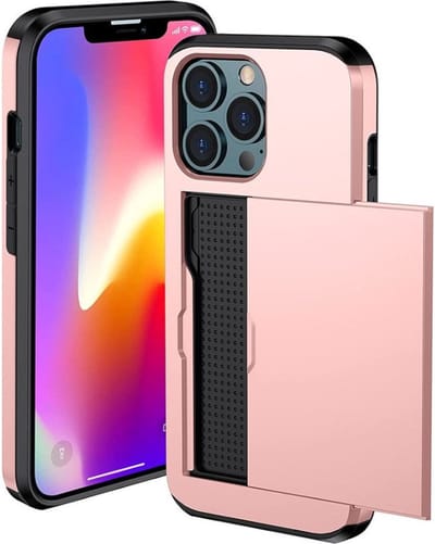 ShieldCase Kaarthouder case met slide voor geschikt voor Apple iPhone 13 hoesje - Hardcover hoesje met ruimte voor pasjes - Extra sterke bescherming - Kwalitatieve backcover - roze