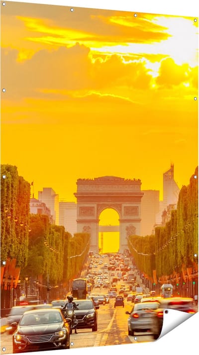 Gards Tuinposter Arc de Triomphe bij de Autoweg - 120x180 cm - Tuindoek - Tuindecoratie - Wanddecoratie buiten - Tuinschilderij