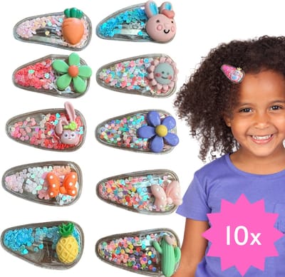 Winkrs® - Haarspeldjes voor meisjes - 10 Haarclips met Glitter, Bloemen, Strikjes, Konijntjes, Wortel en Ananas - Set Haarspeldjes Kind