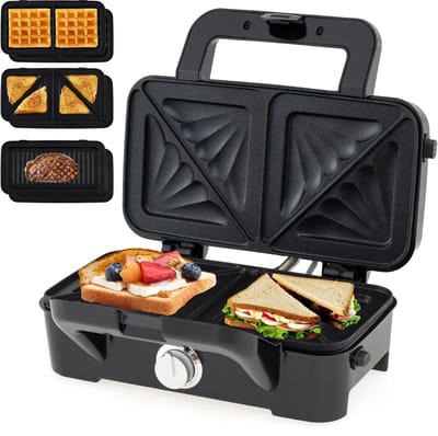 COSTWAY Elektrische sandwichmaker, 1200 W, 3-in-1 wafelijzer, panini-pers en sandwichtoaster, draagbare contactgrill met 6 afneembare antiaanbakplaten en 5 temperatuurregelingen