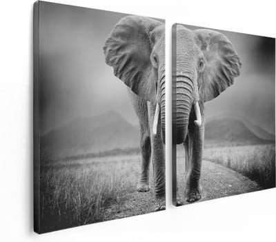 Artaza Canvas Schilderij Tweeluik Olifant - Zwart Wit - 120x80 - Foto Op Canvas - Canvas Print