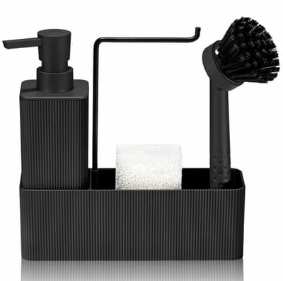 Ultiluxe® Afwas organizer - Zwart - Afwasmiddeldispenser met afwasborstel en spons - Voor afwasmiddel, zeep, vaatdoek, afwasborstel, spons - Spoelbakorganizer - Voor de keuken - Afwassen