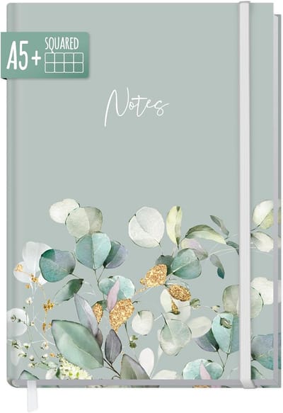 SnelShoppen - Häfft Notitieboek A5+, Geruit, Dagboek 'Minty Leaves', 156 Pagina's, 100 g/m² Papier, Elastiek, Voor Notities, Creatieve Lijsten en Dagb