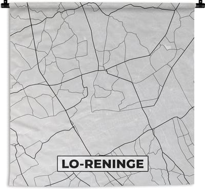 Wandkleed - Wanddoek - België – Lo Reninge – Stadskaart – Kaart – Zwart Wit – Plattegrond - 180x180 cm - Wandtapijt