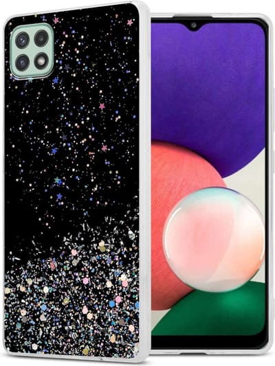 Cadorabo Hoesje geschikt voor Samsung Galaxy A22 5G in Zwart met Glitter - Beschermhoes van flexibel TPU silicone met fonkelende glitters Case Cover Etui
