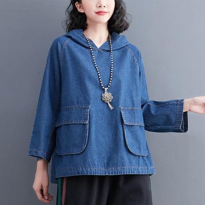 Lentehemd Spijkerhemd Blouse Casual Shirt met Lange Mouwen Dameshemd Geruit Los Blauw Patchwork Design met Capuchon Vintage Tops L