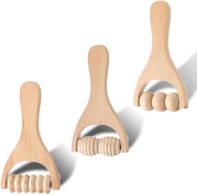 3-delige houten massage roller set voor spierontspanning, triggerpoint massage en fascia rollen met handvat