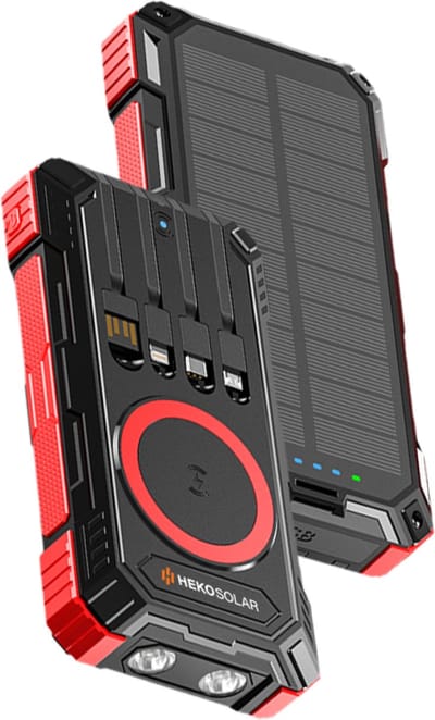 Heko Solar® Spark 2 - Solar Powerbank - 30000mAh - Ingebouwde USB-C/Micro/Lightning Kabels - Draadloze Oplader - Noodpakket, Kamperen en Outdoor