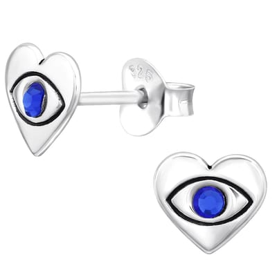 Joy|S - Zilveren hartje oorbellen - boze oog / evil eye - blauw kristal - 7.3 x 6.5 mm - oorknoppen