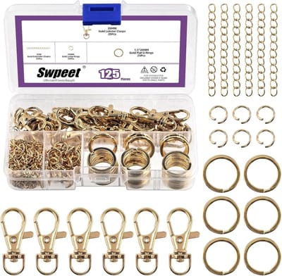 Thijox - Set van 125 Gouden Sleutelhangers Maakset, 25 Draaibare Karabijnhaken, 25 Sleutelhanger Ringen, 25 Verlengkettingen, 50 Open Springringen voo