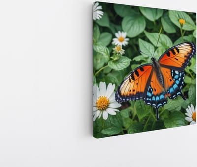 Saammp Canvas Schilderij -Vlinder bij bloem - Dieren - Natuur - 20x20 - Foto op canvas - Wanddecoratie - muurdecoratie Woonkamer - Slaapkamer decoratie - Canvas Print