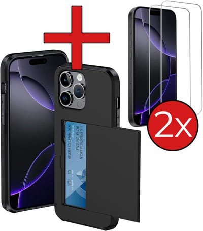 Hoesje Geschikt voor iPhone 16 Pro Hoesje Met Pasjeshouder Hard Case Met Kaarthouder Met 2x Screenprotector - Hoes Geschikt voor iPhone 16 Pro Hoesje Pashouder Case - Zwart