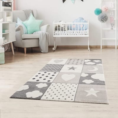Kindertapijt Patchwork Design voor Kinderkamer - Blauw, Grijs en Roze