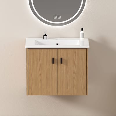 REDOM - Badkamerkast - 2 Deuren - Zachtsluitend - Tijdloos Ontwerp - Voor Badkamer - MDF En Keramiek - Licht Eiken - 60 Cm