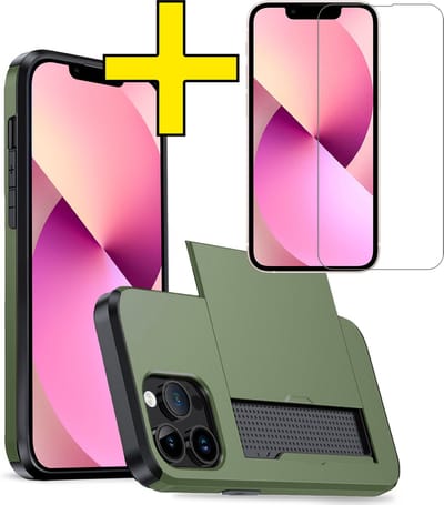 Hoesje Geschikt voor iPhone 14 Pro Hoesje Case Pashouder Hard Cover Met Screenprotector - Hoes Geschikt voor iPhone 14 Pro Hoesje Met Kaarthouder - Donkergroen