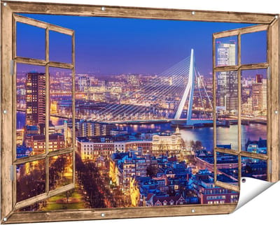 Gards Tuinposter Doorkijk Rotterdamse Skyline met de Erasmusbrug - 150x100 cm - Tuindoek - Tuindecoratie - Wanddecoratie buiten - Tuinschilderij